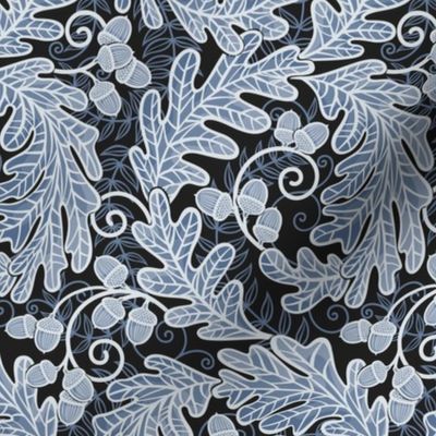 Autumnal Oak Leaves and Acorns- Victorian Fall- Thanksgiving Table Cloth-  William Morris Inspired Autumn- Arts and Crafts- Calming Blues- Moody Navy Blue on Black- Indigo Blue- Small