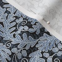Autumnal Oak Leaves and Acorns- Victorian Fall- Thanksgiving Table Cloth-  William Morris Inspired Autumn- Arts and Crafts- Calming Blues- Moody Navy Blue on Black- Indigo Blue- Mini