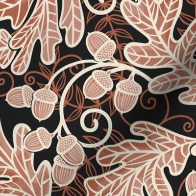 Autumnal Oak Leaves and Acorns- Victorian Fall- Thanksgiving Table Cloth-  William Morris Inspired Autumn- Arts and Crafts- Warm Earth Tones- Terracotta and Beige on Black- Medium