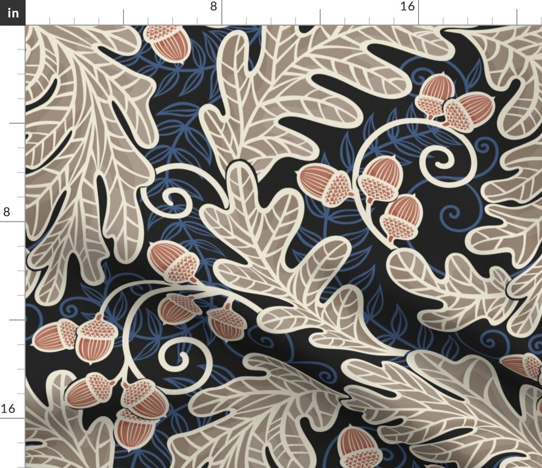 Autumnal Oak Leaves and Acorns- Victorian Fall- Thanksgiving Table Cloth-  William Morris Inspired Autumn- Arts and Crafts- Warm Earth Tones- Terracotta Khaki Beige and Navy Blue on Black- Large
