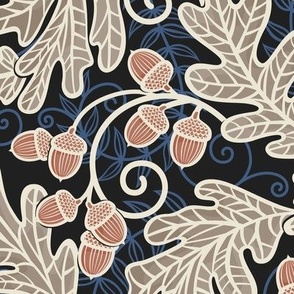 Autumnal Oak Leaves and Acorns- Victorian Fall- Thanksgiving Table Cloth-  William Morris Inspired Autumn- Arts and Crafts- Warm Earth Tones- Terracotta Khaki Beige and Navy Blue on Black- Medium