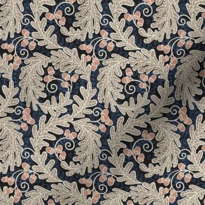 Autumnal Oak Leaves and Acorns- Victorian Fall- Thanksgiving Table Cloth-  William Morris Inspired Autumn- Arts and Crafts- Warm Earth Tones- Terracotta Khaki Beige and Navy Blue on Black- Mini