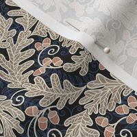 Autumnal Oak Leaves and Acorns- Victorian Fall- Thanksgiving Table Cloth-  William Morris Inspired Autumn- Arts and Crafts- Warm Earth Tones- Terracotta Khaki Beige and Navy Blue on Black- Mini