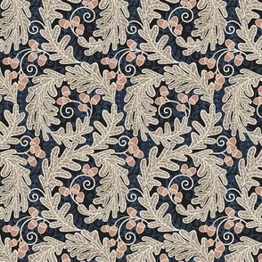 Autumnal Oak Leaves and Acorns- Victorian Fall- Thanksgiving Table Cloth-  William Morris Inspired Autumn- Arts and Crafts- Warm Earth Tones- Terracotta Khaki Beige and Navy Blue on Black- Mini