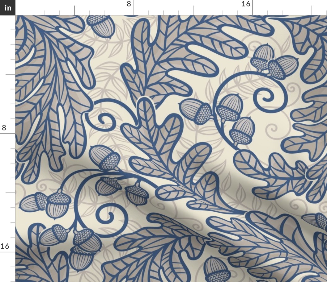 Autumnal Oak Leaves and Acorns- Victorian Fall- Thanksgiving Table Cloth- William Morris Inspired Autumn- Arts and Crafts- Navy Blue and Khaki on Beige- Neutral Nursery Wallpaper- Large