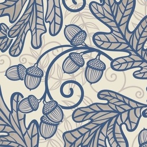 Autumnal Oak Leaves and Acorns- Victorian Fall- Thanksgiving Table Cloth- William Morris Inspired Autumn- Arts and Crafts- Navy Blue and Khaki on Beige- Neutral Nursery Wallpaper- Medium