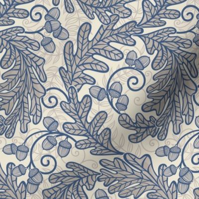 Autumnal Oak Leaves and Acorns- Victorian Fall- Thanksgiving Table Cloth- William Morris Inspired Autumn- Arts and Crafts- Navy Blue and Khaki on Beige- Neutral Nursery Wallpaper- Small
