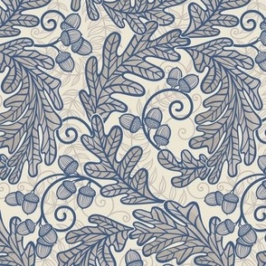 Autumnal Oak Leaves and Acorns- Victorian Fall- Thanksgiving Table Cloth- William Morris Inspired Autumn- Arts and Crafts- Navy Blue and Khaki on Beige- Neutral Nursery Wallpaper- Small