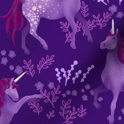 Prancing Unicorns on Dark Purple (large scale)