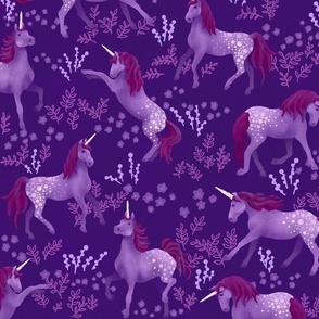 Prancing Unicorns on Dark Purple (large scale)