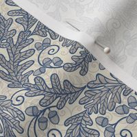 Autumnal Oak Leaves and Acorns- Victorian Fall- Thanksgiving Table Cloth- William Morris Inspired Autumn- Arts and Crafts- Navy Blue and Khaki on Beige- Neutral Nursery Wallpaper- Mini