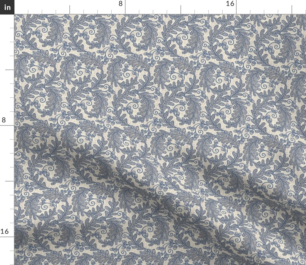 Autumnal Oak Leaves and Acorns- Victorian Fall- Thanksgiving Table Cloth- William Morris Inspired Autumn- Arts and Crafts- Navy Blue and Khaki on Beige- Neutral Nursery Wallpaper- Mini