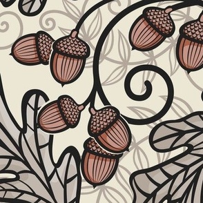 Autumnal Oak Leaves and Acorns- Victorian Fall- Thanksgiving Tablecloth- William Morris Inspired Autumn- Arts and Crafts- Black Khaki and Terracotta on Beige- Classic Neutral Wallpaper- Large