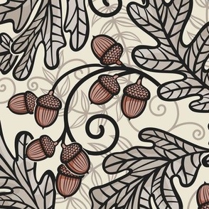 Autumnal Oak Leaves and Acorns- Victorian Fall- Thanksgiving Tablecloth- William Morris Inspired Autumn- Arts and Crafts- Black Khaki and Terracotta on Beige- Classic Neutral Wallpaper- Medium