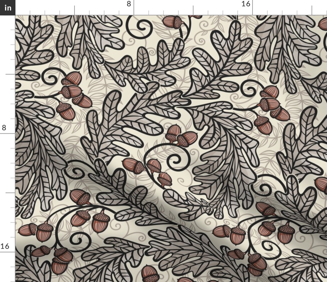 Autumnal Oak Leaves and Acorns- Victorian Fall- Thanksgiving Tablecloth- William Morris Inspired Autumn- Arts and Crafts- Black Khaki and Terracotta on Beige- Classic Neutral Wallpaper- Medium