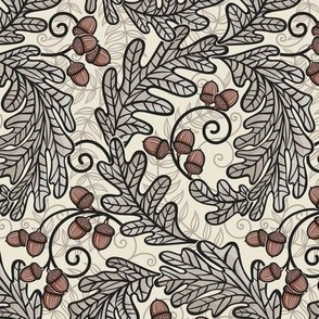 Autumnal Oak Leaves and Acorns- Victorian Fall- Thanksgiving Tablecloth- William Morris Inspired Autumn- Arts and Crafts- Black Khaki and Terracotta on Beige- Classic Neutral Wallpaper- Small