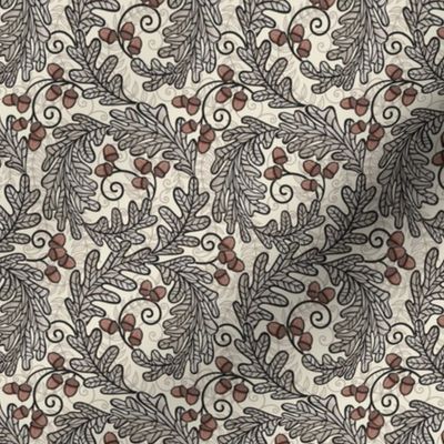 Autumnal Oak Leaves and Acorns- Victorian Fall- Thanksgiving Tablecloth- William Morris Inspired Autumn- Arts and Crafts- Black Khaki and Terracotta on Beige- Classic Neutral Wallpaper- Mini