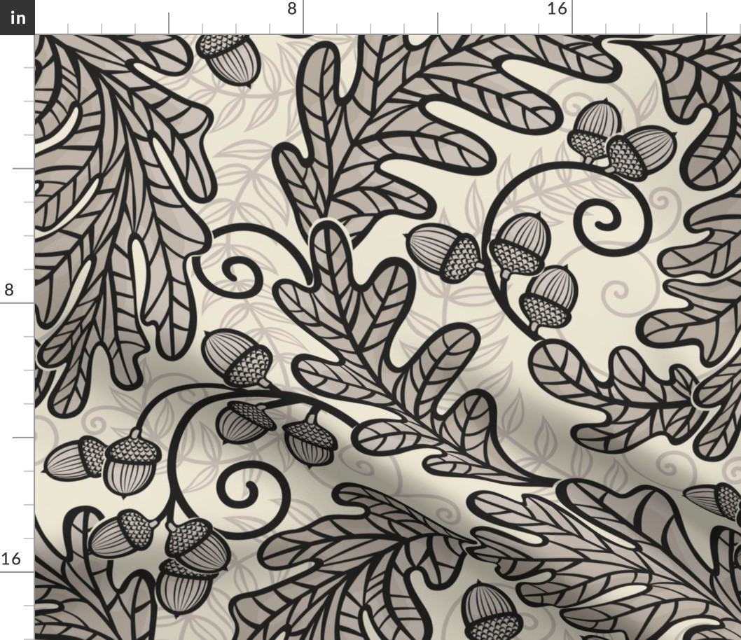 Autumnal Oak Leaves and Acorns- Victorian Fall- Thanksgiving Tablecloth- William Morris Inspired Autumn- Arts and Crafts- Black on Beige- Classic Neutral Wallpaper- Large
