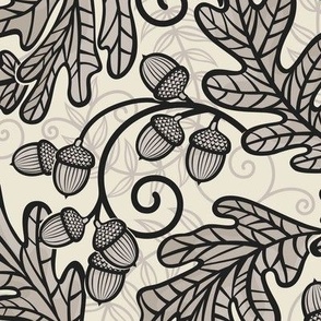 Autumnal Oak Leaves and Acorns- Victorian Fall- Thanksgiving Tablecloth- William Morris Inspired Autumn- Arts and Crafts- Black on Beige- Classic Neutral Wallpaper- Medium