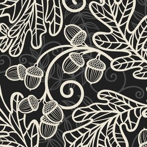 Autumnal Oak Leaves and Acorns- Victorian Fall- Thanksgiving Tablecloth- William Morris Inspired Autumn- Arts and Crafts- Moody Off White on Black- Black and White- Medium