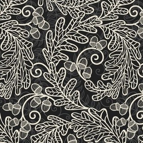 Autumnal Oak Leaves and Acorns- Victorian Fall- Thanksgiving Tablecloth- William Morris Inspired Autumn- Arts and Crafts- Moody Off White on Black- Black and White- Small