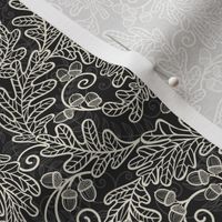 Autumnal Oak Leaves and Acorns- Victorian Fall- Thanksgiving Tablecloth- William Morris Inspired Autumn- Arts and Crafts- Moody Off White on Black- Black and White- Mini