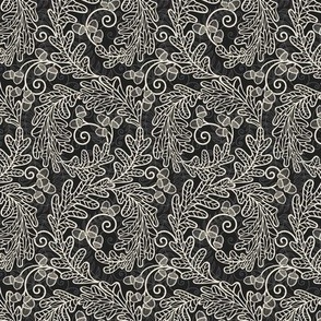 Autumnal Oak Leaves and Acorns- Victorian Fall- Thanksgiving Tablecloth- William Morris Inspired Autumn- Arts and Crafts- Moody Off White on Black- Black and White- Mini