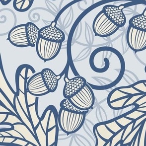 Autumnal Oak Leaves and Acorns- Victorian Fall- Thanksgiving Tablecloth- William Morris Inspired Autumn- Arts and Crafts- Navy Blue and Beige on Light Blue- Monochromatic Blue Nursery Wallpaper- Large