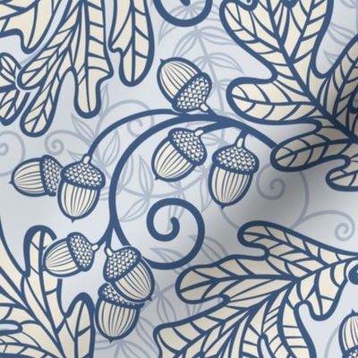 Autumnal Oak Leaves and Acorns- Victorian Fall- Thanksgiving Tablecloth- William Morris Inspired Autumn- Arts and Crafts- Navy Blue and Beige on Light Blue- Monochromatic Blue Nursery Wallpaper- Medium