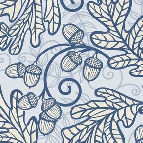Autumnal Oak Leaves and Acorns- Victorian Fall- Thanksgiving Tablecloth- William Morris Inspired Autumn- Arts and Crafts- Navy Blue and Beige on Light Blue- Monochromatic Blue Nursery Wallpaper- Medium