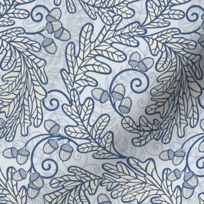 Autumnal Oak Leaves and Acorns- Victorian Fall- Thanksgiving Tablecloth- William Morris Inspired Autumn- Arts and Crafts- Navy Blue and Beige on Light Blue- Monochromatic Blue Nursery Wallpaper- Small