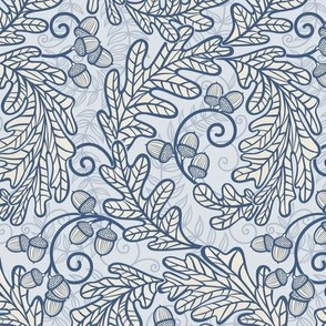 Autumnal Oak Leaves and Acorns- Victorian Fall- Thanksgiving Tablecloth- William Morris Inspired Autumn- Arts and Crafts- Navy Blue and Beige on Light Blue- Monochromatic Blue Nursery Wallpaper- Small