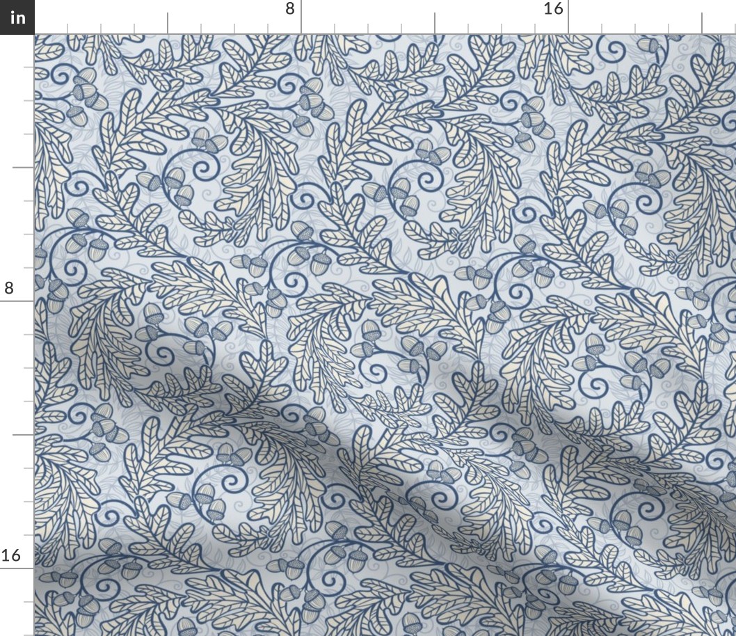 Autumnal Oak Leaves and Acorns- Victorian Fall- Thanksgiving Tablecloth- William Morris Inspired Autumn- Arts and Crafts- Navy Blue and Beige on Light Blue- Monochromatic Blue Nursery Wallpaper- Small