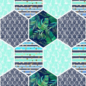 Coastal Honeycomb Design in Navy and Mints- Quilt Design Pattern, 12 in. Repeated Design, Medium Scale