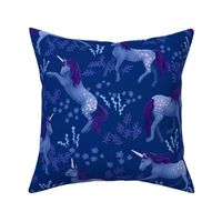 Prancing Unicorns on Dark Blue (large scale)