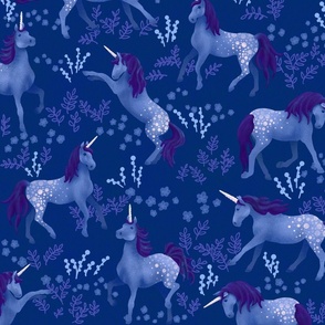 Prancing Unicorns on Dark Blue (large scale)