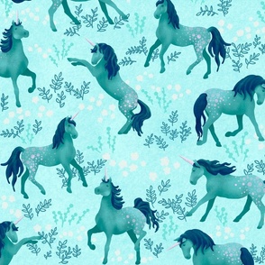 Prancing Unicorns on Teal (large scale)
