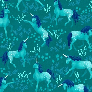 Prancing Unicorns on Dark Teal (large scale)