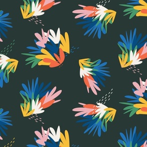 Large - Summer abstract floral, colourful modern floral on Black
