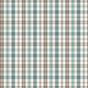 Mini small scale elegant classic twill weave plaid in  cool white, aquamarine turquoise and tobacco taupes, for traditional cabin style xmas table linen, curtains, wallpaper, loungewear, pajamas, kids apparel.