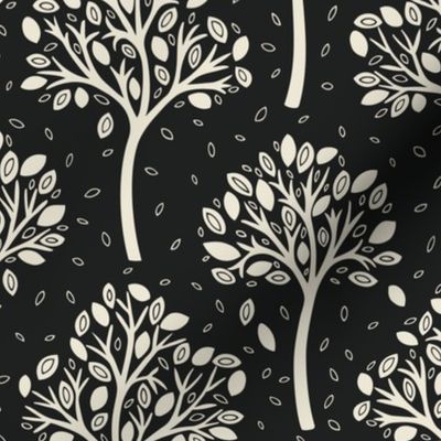 Wildwood, cream on black (Medium) – autumnal woodland trees with fall leaves