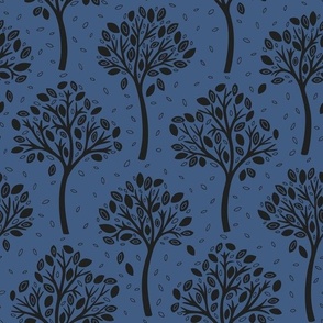 Wildwood, black on blue (Medium) – autumnal woodland trees with fall leaves