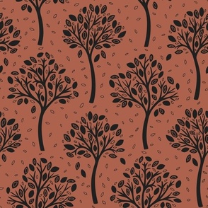 Wildwood, black on brown (Medium) – autumnal woodland trees with fall leaves