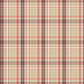 $ Mini small scale elegant classic twill weave plaid in  soft taupe, coral and grey, for traditional cabin style xmas table linen, curtains, wallpaper, loungewear, pajamas, unisex gender neutral kids apparel.