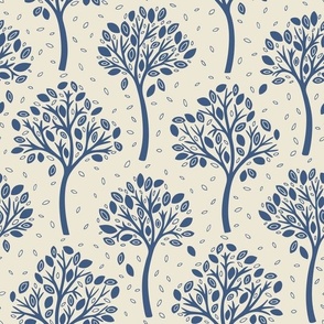 Wildwood, blue on cream (Medium) – autumnal woodland trees with fall leaves