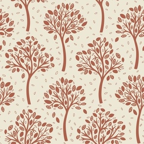 Wildwood, brown on cream (Medium) – autumnal woodland trees with fall leaves