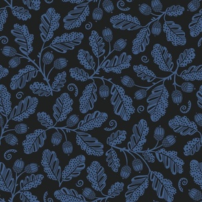 Acorn Bounty, blue on black (Large) – autumnal oak branches with polka dot fall leaves