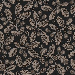 Acorn Bounty, taupe on black (Large) – autumnal oak branches with polka dot fall leaves