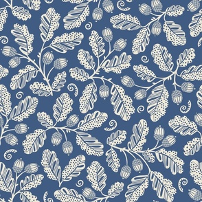 Acorn Bounty, cream on blue (Large) – autumnal oak branches with polka dot fall leaves