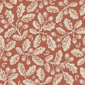 Acorn Bounty, cream on brown (Large) – autumnal oak branches with polka dot fall leaves